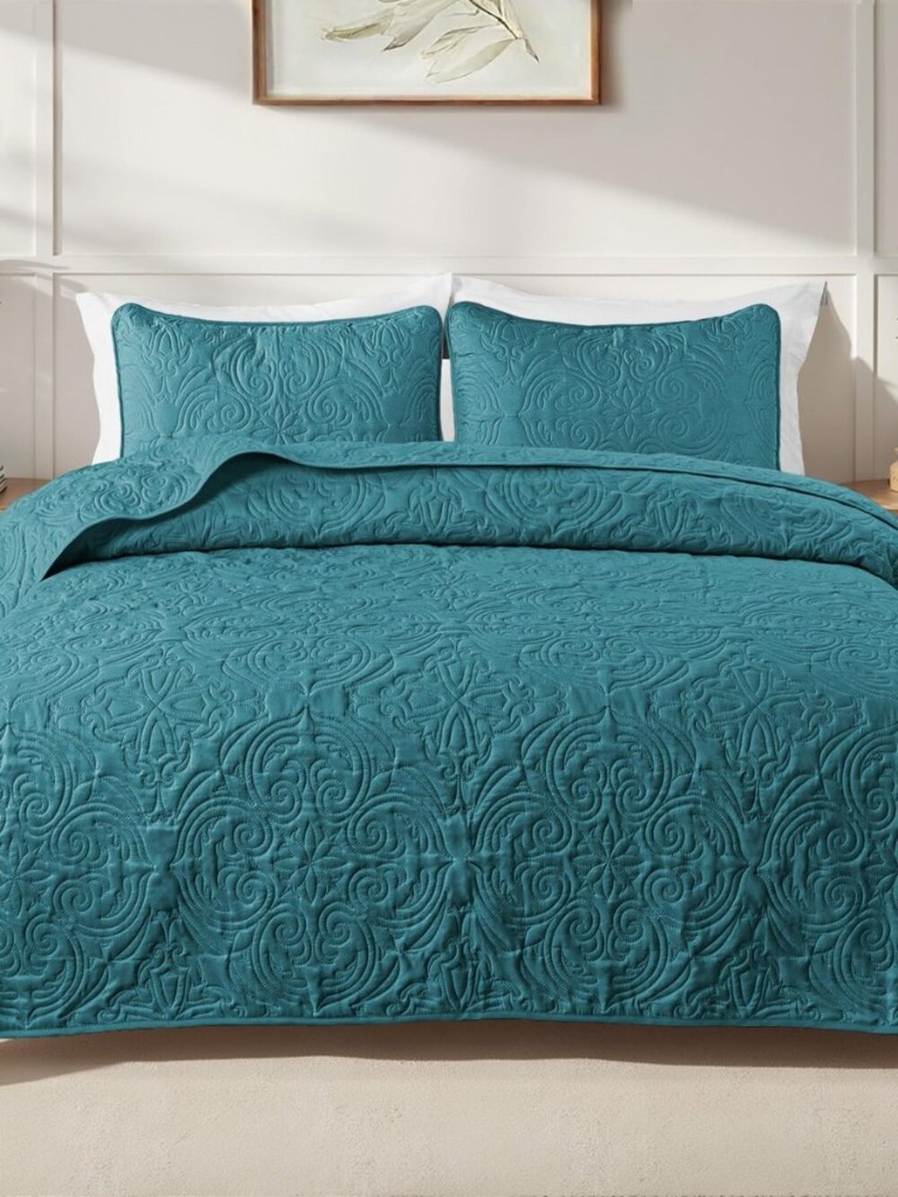 3 Piece Quilts Queen Size Bedding Set, Dusty Teal